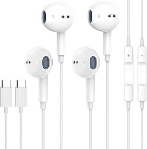 2-Pack USB C Headphones for iPhone 16 15 Earbuds with Microphone & Volume Control HiFi Stereo Type C Earphones for Galaxy S23/S22/S21/S20/Ultra Note 10/20, for iPad Pro Pixel 7/6/6a/5/4 OnePlus 9 8