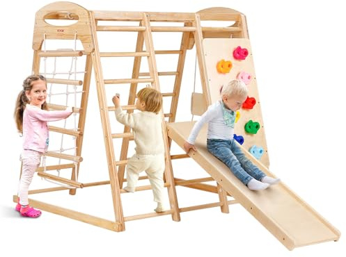 VEVOR Indoor Jungle Gym, 7-in-1 Toddler Indoor Playground, 47.2 x 58 x 56 inch, with Wood and Rope Ladder, Net Ladder, Swing, Monkey Bar, Slide, Climbing Wall, Wooden Indoor Climbing Toys for Kids