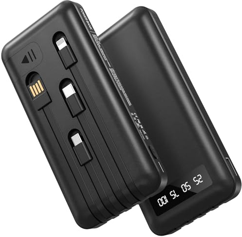 Powerbank 26800mAh mit 4 Integrierten Kabel, 22.5W Power Bank USB C Schnellladefunktion mit LED Display & Halterung, Externe Handyakkus für iPhone 17/16/15/14/13/12/11 iPad Samsung Galaxy,Schwarz