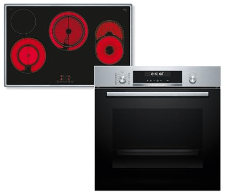 Bosch HBD672LS83 Einbau-Backofen-Set bestehend aus Einbau-Backofen 60 cm HBG578BS3 Serie 6 & Elektro-Kochfeld 80 cm PKH845BB1D Serie 4, 71 l, Pyrolyse, Air Fry, Touch Select, Bräterzone, Edelstahl