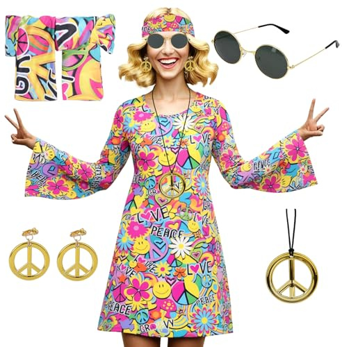 AYBUY Women’s Hippie Dress, 60s 70s Fancy Dress Women Disco Outfit with Necklace, Earrings, Sunglasses and Band, 1960s 1970s Retro Hippy Clothes for Halloween Carnival Cosplay Party