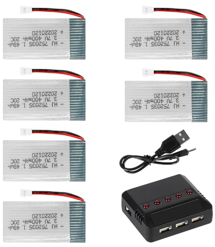 6PCS Batterie LiPo 3,7V, 400mAh Batterie Drone avec Chargeur 5 en 1, Batterie Lipo pour Avion RC Hélicoptère Drone Tous (Connecteur XH2.54)