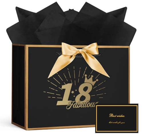 AOOSU Geschenktüte 18 Geburtstag, Papier Geschenktüten mit Schleife+1 Grußkarten+3 Seidenpapier, Schwarz Geschenktaschen Frauen Männer 18th Birthday Gift Bag, Geschenkverpackung für Geschenk Jahrestag