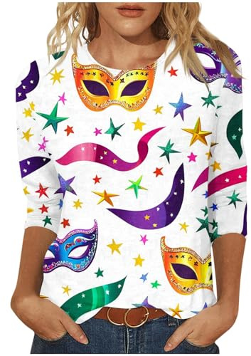 EMATOP Damen Shirt 3/4 Arm Pailletten Oberteil Tops Glitzer Karneval Festliche Tunika Longshirt Lässig Rundhals Pullover Vintage Party Bluse Laufshirt Bunte Farbblöcke Longbluse Streetwear