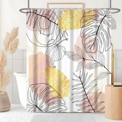 Uiiooazy Duschvorhang 200x180cm Anti Schimmel Rosa Tropisch Boho Abstrakt | Duschvorhang Dschungel Schwarz Palmenblätter Duschvorhang Wasserdicht Stoff Waschbar Polyester Bad Vorhang mit 14 Haken