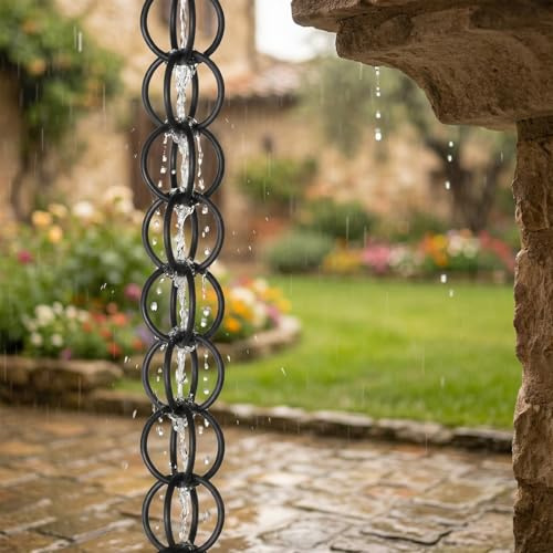 Poxvythb Catena per Pioggia Esterna con Adattatore per Grondaie, Decorazione Pluviale in Alluminio Nero e Drenaggio (1.5m)