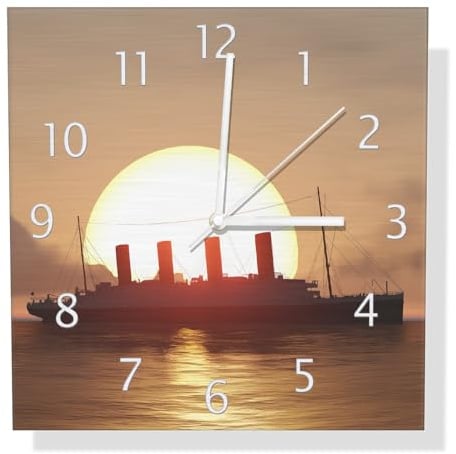 Wallario Design Wanduhr Ozeandampfer im Sonnenuntergang aus Aluverbund, Alu-Uhr Größe 30 x 30 cm, weiße Zeiger mit Metalloptik