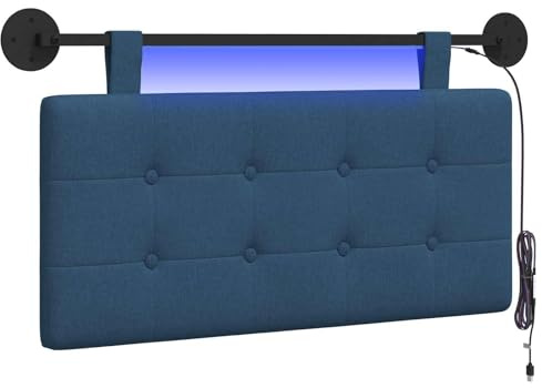 vidaXL Hängendes Kopfteil Mit LED Licht Blau Stoff, Moderner, rechteckiger Polster-Kopfteil, Wandmontage, anpassbare Schlafzimmer-Deko, platzsparende Möbel Ideen
