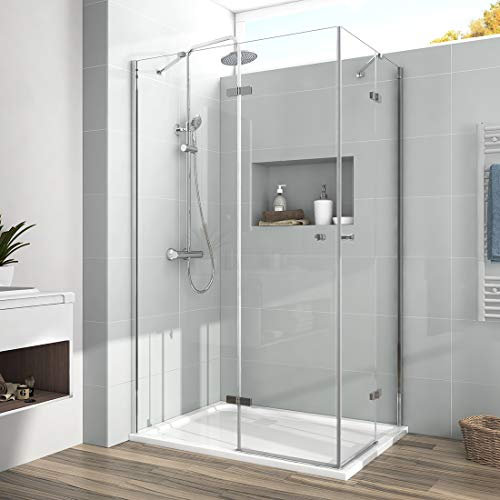 EMKE Duschkabine 90x90 Eckeinstieg Duschabtrennung Klappbar Pendeltür Komplettdusche Schwingtür Eckdusche Falttür Duschtür Duschwand Duschkabine 90 x 90 Höhe: 185cm 5mm Sicherheitsglas