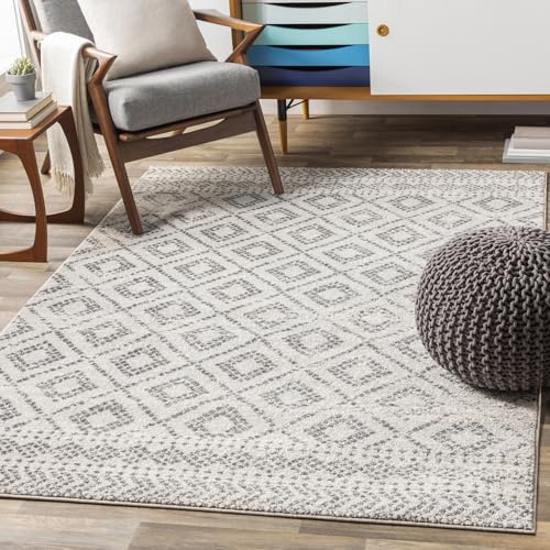 Livabliss Mistie Pizzo Geometric Carpet 200x275 cm – Scandi Style for Living Room, Dining & Kitchen, Abstract Neutral Pattern, Easy Care Pile, Light Slate, White & Charcoal