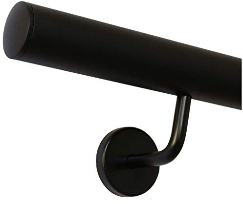 TIBU Handlauf Schwarz pulverbeschichtet V2A Edelstahl Geländer innen außen wetterfest beständig 100 cm mit 2 Halter und leicht gewölbte Kappe