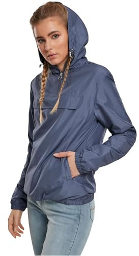 URBAN CLASSICS Women's Windbreaker Jacket, Pullover Rain Jacket with Hoodie, Longsleeve Hooded Ladies Raincoat, Lightweight & Water Repellent, Colour: vintageblue, Size: X-Large