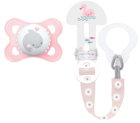 MAM Spilla con clip e ciuccio originale S225 – Ciuccio in silicone Skinsofttm ultra morbido, per bambini De, con scatola auto-sterilizzante, rosa, 0+ mesi