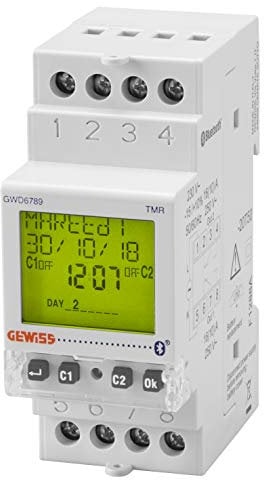 GEWISS - Interruttore orario e astronomico, 2 contatti NA/NC, 16A/230Vca, Bluetooth, 2 moduli DIN con riserva di carica 5 anni, GWD6789