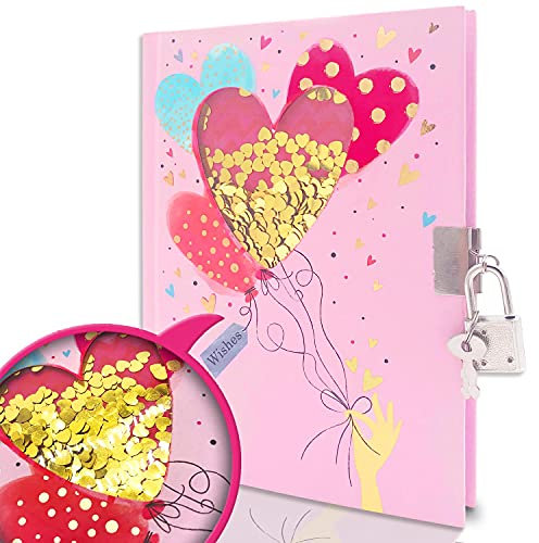 GINMLYDA Pink Secret Diary for Girls, 7x5.25 Inches 160 Lined Pages Shakable Sequin Kids Diary with Lock Heart Journal for Girls Gifts Cute Notebook for Birthday Presents Toys 5 6 7 8 9 10 Year Old
