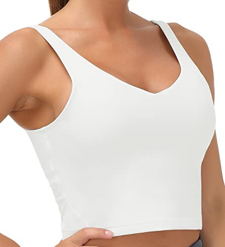 THE GYM PEOPLE Womens' Sports Bra Longline Wirefree Padded with Medium Support,Off-White,M