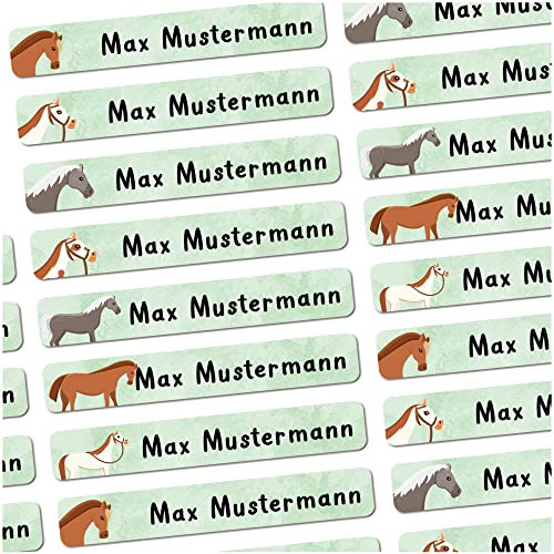 72 Stück personalisierte Namensaufkleber für Schulsache. Für Kinder Schule und Kindergarten zum Markieren von Gegenständen (Pferde) Maße 4,9 x 0,75cm