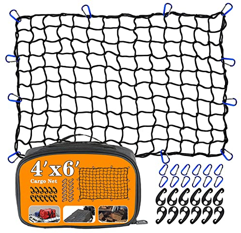 4’x6’ Truck Cargo Net Expands to 8' x 12' with 4x4 Mesh Grid Super Duty Bungee Heavy Duty Bed Netting for Truck Bed Stretches with 12 Adjustable Metal Carabiners by Cenipar