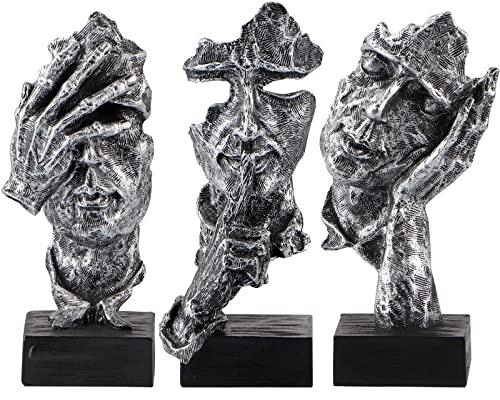 MOLIGOU 3 x Denker-Statue, See Hear Speak No Evil, abstrakte Kunstfigur, Skulptur-Dekor für Büro, Schreibtisch, Bücherregal (Silber)