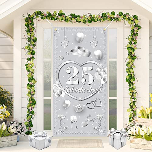 VICSOM Silberhochzeit Tür Banner, Silberhochzeit Deko, 25. Hochzeitstag Banner, 25.Jubiläum Banner Silberhochzeit Hintergrund, Silberhochzeit Tür Wand Dekoration 25 Hochzeitstag Dekoration