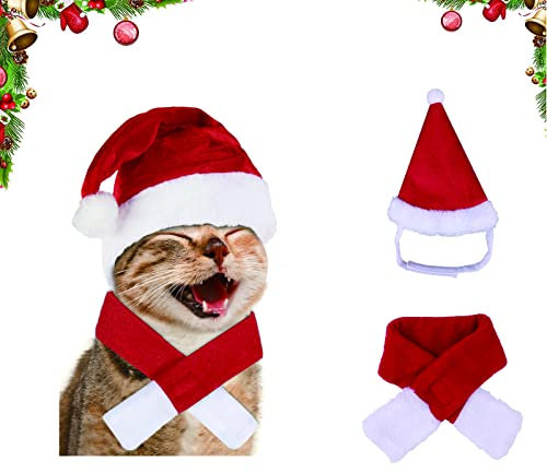Haustier Justierbare Weihnachtssankt Hut,Schal, 2 Stück Haustier Weihnachtskleidung,Weihnachtskostüm für Katzen,Weihnachten Haustier Hut Schal,für Kleine Hunde Katzen Haustier