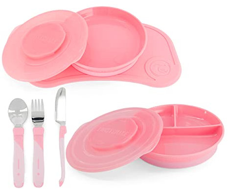 Twistshake Baby Tableware Set - 6 Pieces | 1x Baby Silicone Placemat - 1x Children's Plate - 1x Divided Plate - 3x Stainless Steel Learning Cutlery | Tableware for Baby Weaning | 6 Months+ | Pink