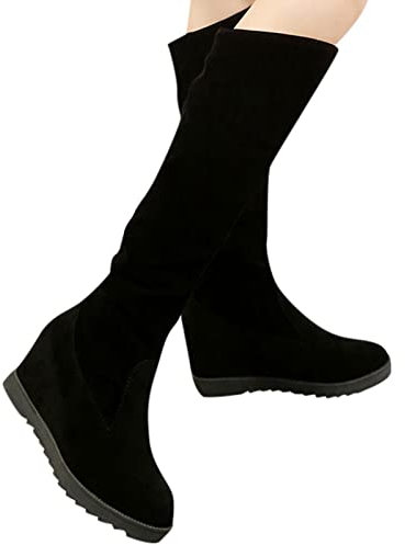 Kobilee Donna Stivali Alti Sopra il Ginocchio Curvy Larghi Western Boots Sexy Pelle Elasticizzati Stivaletti Invernali Stivali Cowboy Camoscio Caldo Morbidi Anfibi con Tacco Vintage Nero 39 EU
