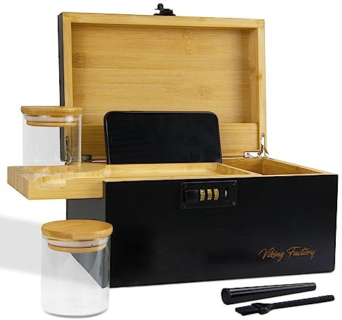 Viking Factory Premium Bamboo Storage Box with Removable Dividers, Decorative Wooden Organizer for Jewelry, Tea, Spices, or Valuables - Includes Accessory Trays