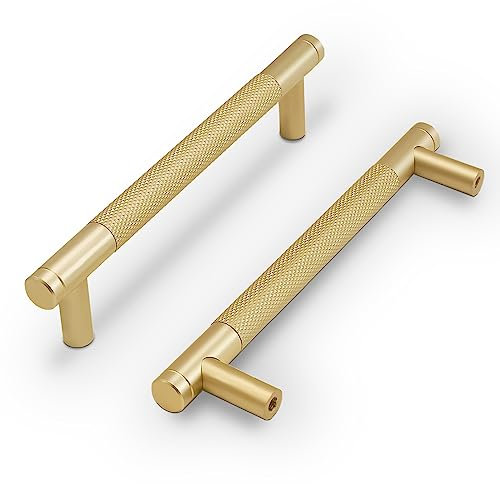 COTYKILEY 10 Pack 5 Inch(128mm) Brushed Brass Gold Knurled Kitchen Cabinet Pulls