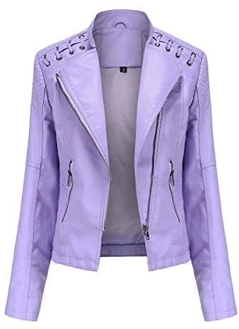 DISSA P6638 - Giacca in pelle da donna, sottile, con chiusura lampo, collo alto, modello P6638, lilla chiaro, 48