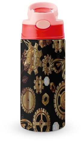 Vintage Steampunk Gears Water Bottle With Straw And Handle Travel Coffee Mug Sports Stainless Steel Tumbler Funny Cup 12 Oz