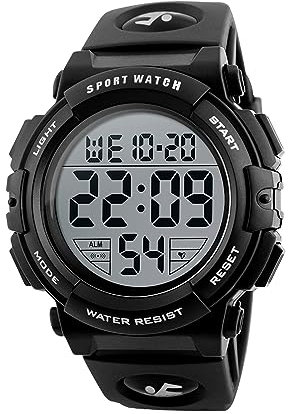 LIFEJXWEN Digitale Sportuhr für Herren, wasserdicht 5 ATM, Armbanduhr mit Alarm/Stoppuhr, LED-Hintergrundbeleuchtung, Kalender, 12/24 Stunden, elektronische Uhr für Jungen, Schwarz , Riemen