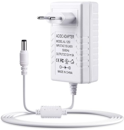 TOBWOLF 60 W 12V/5A AC/DC-Wandsteckdosen-Netzteil, 12 V DC-Wand-AC-Adapter, 12 Volt 5 Amp 60 Watt DC-Wandstecker-Adapter, 12 V 5 A Wandmontage-Schaltnetztransformator AC/DC-Wandler, 5,5 x 2,5 mm, weiß