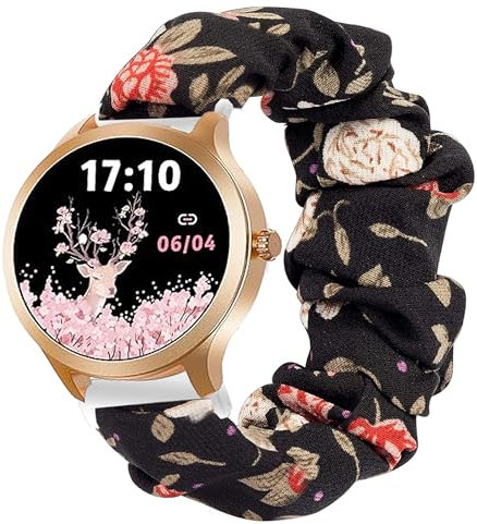Blueshaweu Bracelet Compatible avec Tensky Smartwatch,en Tissu Imprimé Élastique Bracelet de Montre du Tensky 1,32 Pouces Smartwatch (Fleurs noires)