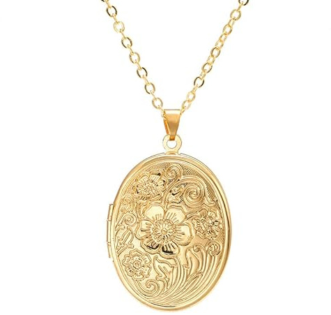XRCXBLSC Vintage 18K Gold Engraved Flower Empaistic Photo Locket Pendant Necklace, Oval Antique Souvenir Memorial Best Wishes Jewelry for Women, Personalized Photo Flower Locket Pendant Gold