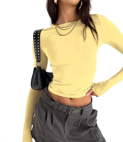 Yassiglia Basic Long Sleeve Tops Women Y2K Crop Top Women's Crew Neck Slim Fit Shirt Skims Dupe Casual Tight Baby Tees Girls Aesthetic Clothes (Yellow, M)