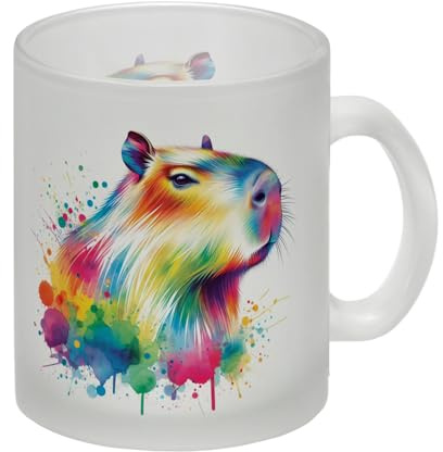 Capybara Aquarell Glas Tasse Bunte Farbspritzer Design Mehrfarbiges Nagetier Säugetier Motiv Farbenfroher Capybara Tasse Spritzer