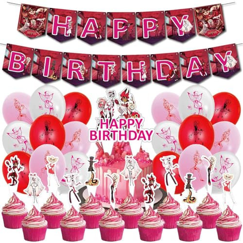 Hazbin Hotel Geburtstagsparty Deko-32PCS Anime Thema Geburtstags Party Dekoration Hazbin Hotel Banner Luftballons Kuchen Topper