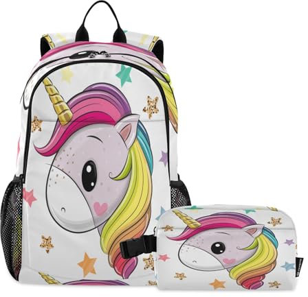 ISAOA Lindo juego de mochila escolar y lonchera de unicornio de dibujos animados para adolescentes, primaria, secundaria, escuela secundaria, primaria, primaria, mochila impermeable para niños, #13,