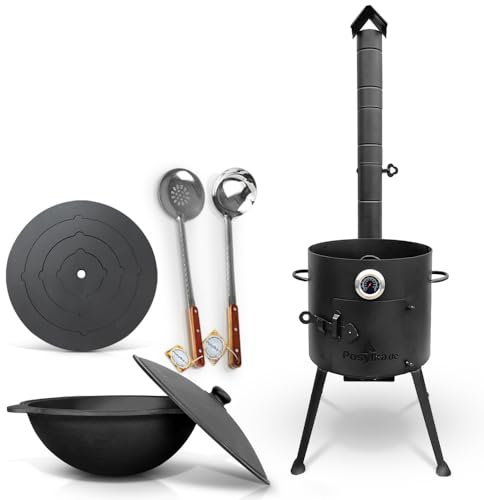 Feuerofen Ø 36 сm mit Thermometer und Herdplatte 4 Ringe 40 cm Gusseisen Topf Kazan runder Boden mit Deckel Ø 36,7 cm (10 L) Schaumlöffel und Schöpfkelle 48 cm KazanoFF, Учаг, Kazan (08602376)
