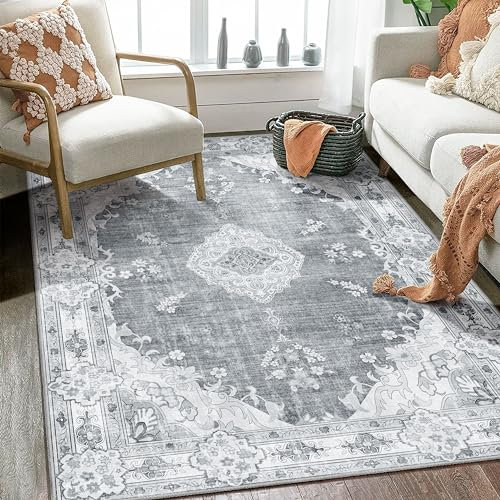 MUJOO Boho-Teppich, 120 x 170 cm, Grau, für Schlafzimmer, Wohnzimmer, Esszimmer, maschinenwaschbar, rutschfest, Vintage-Stil, Bohemian-Stil, Bauernhaus, Blumenmuster
