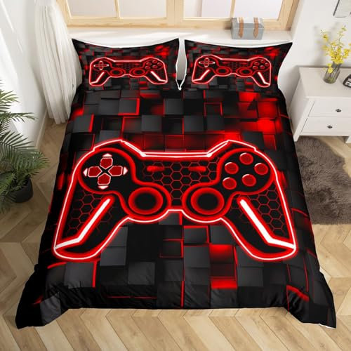 Loussiesd Kinder Gamer Bettwäsche Set 155x220cm Rot und Schwarz Geometrische Bettwäsche Bettbezug Set für Jungen Teens Dekor Gaming Ombre 3D Geometrie Quadratische Bettdecke Abdeckung Spielen