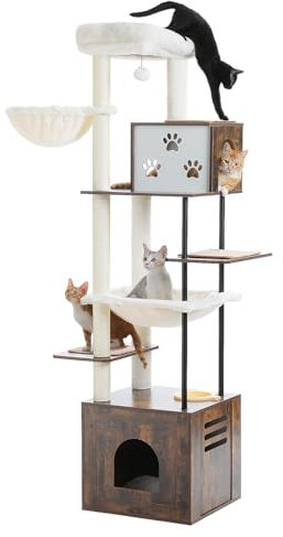 PAWZ Road 190cm Großer Kratzbaum mit Futterplatz, Holz mit extra großen Kondos und Hängematten, geräumige Sitzstange, Sisal- und Stahlpfosten, Kratzmatte für große Wohnung Braun