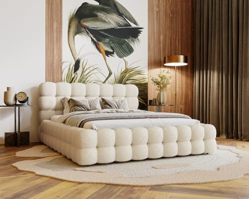 Emporius Doppelbett 140x200 Parlas Bis - Schaumstoff, Design Bett - Polsterbett mit Lattenrost, Kopfteil, Bettkasten - Bouclé Stoff (Creme - Anthology 1)