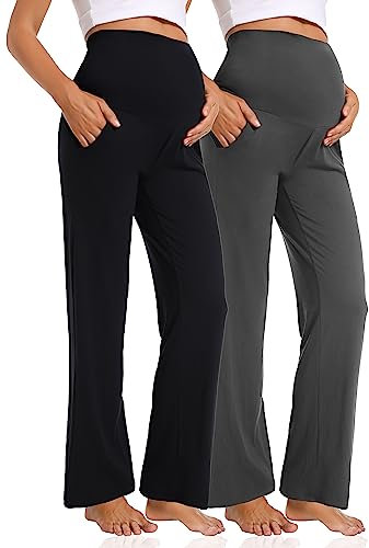 Gowjog 2 Pack Umstandshose Weitem Bein Damen Schwangerschaft Lässig Lose Breite Gerade Bein Lounge Hosen mit Taschen Schwangerschafts Hose (Schwarz/Dunkelgrau,XL)