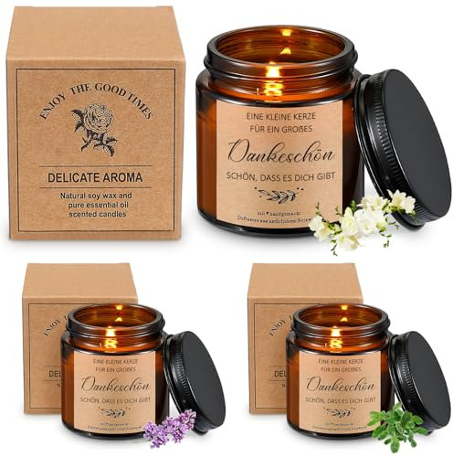 BBTO 3 Stück Dankeschön Geschenk für Frauen Sojawachs Duftkerzen im Glas Lavendel Duftkerzen Geburtstag Geschenk für Freundin Kollegin Mama Oma Stress Abbauen(Dankeschön Schön, Dass Es Dich Gibt)