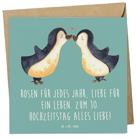 Mr. & Mrs. Panda Glückwunschkarte 10. Hochzeitstag Rosenhochzeit - Geschenk, faltkarte, doppelkarte, Grußkarte, Geschenke, Liebe, 10 Jahre Ehe, Klappkarte, anlasskarte, Ehejubiläum, Heiraten, Heirat