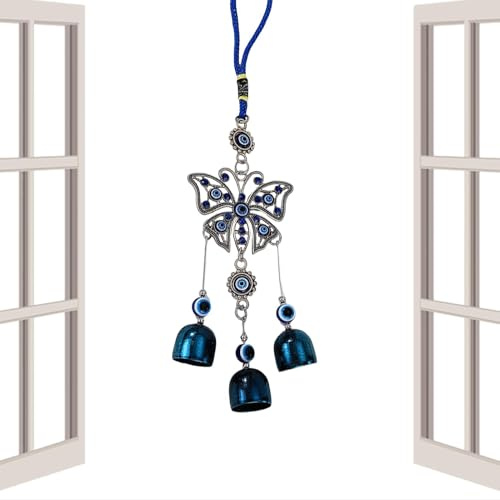 Campanello a con occhio , blu turco , amuleto da appendere alla parete 'auto, decorazione da parete per interni, esterni, patio, campane a in vetro blu