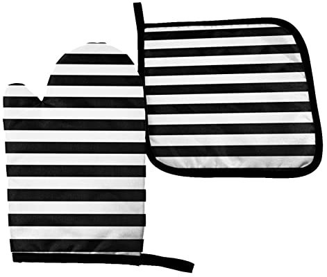 Ofenhandschuhe Schwarz-Weiße Streifen Topfhandschuhe Premium Qualität Topflappen Set Hitzeresistente Grillhandschuhe Für Grillen Kochen Barbecue