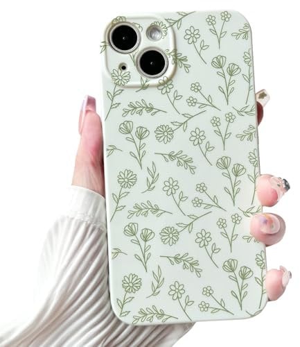 NITITOP Compatible with iPhone 14 Plus Case Cute for Women Girl Vintage Flower Floral Leaves Pattern Trendy Slim Fit TPU Silicone Shockproof Girly Fashion Protective Phone - Green